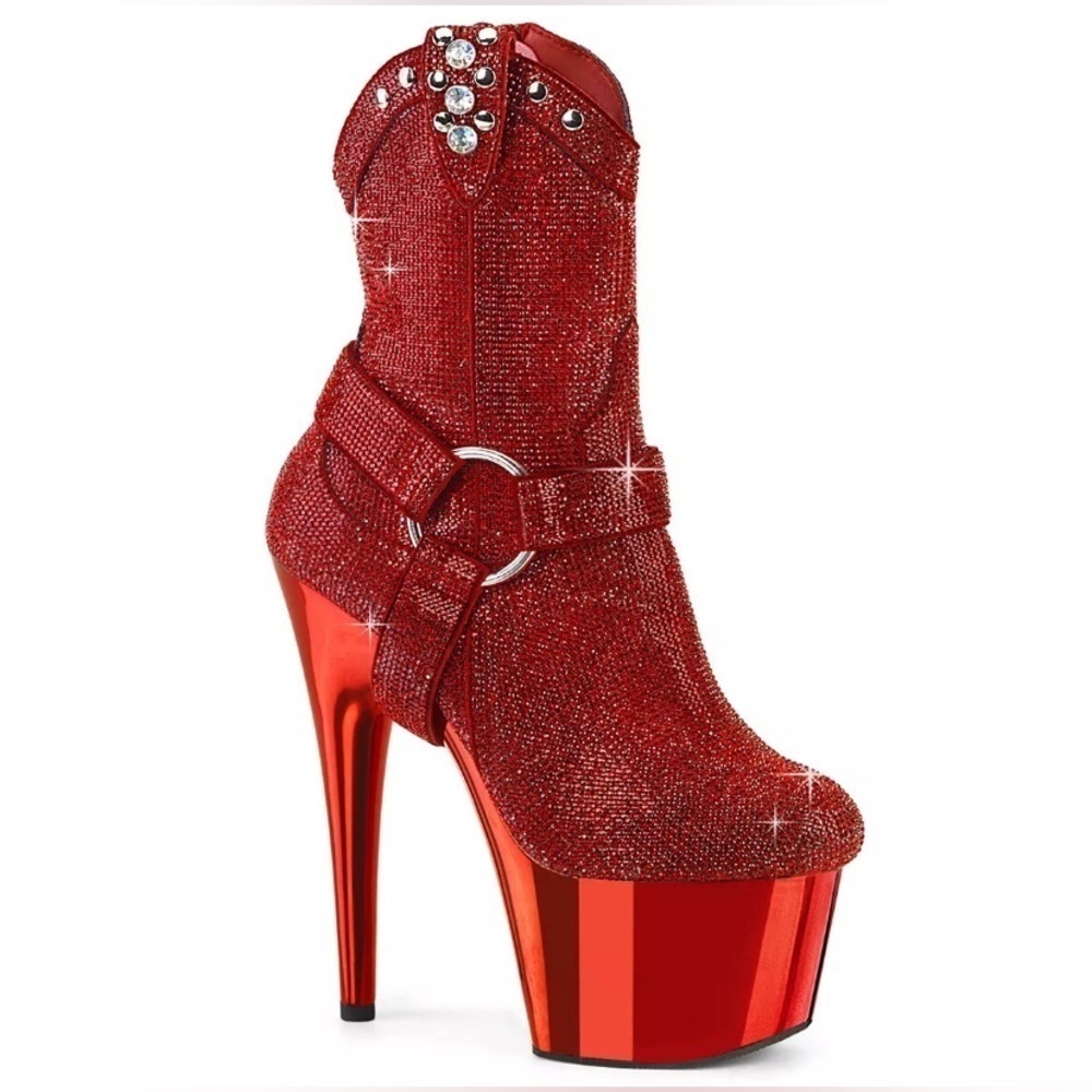 🦋B2G1🦋PLEASER 7" Heel Chrome Platform Red Rhinestone Cowgirl Sexy Stiletto Boots